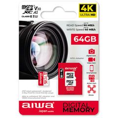 Aiwa Micro Sd Card 64Gb Cl10 4K with Adapter, MSDV30-64GB