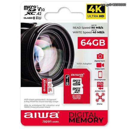 Aiwa Micro Sd Card 64Gb Cl10 4K with Adapter, MSDV30-64GB