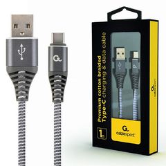 Cablexpert Premium Cotton Braided Type-C USB Charging and Data Cable 1M Spacegrey/White Retail Pack, CC-USB2B-AMCM-1M-WB2