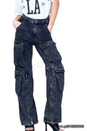 Acid Wash Cargo Jeans Black Γυναικείο - WEIL931L