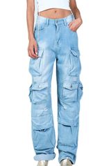 Distressed Cargo Jeans Blue Denim Γυναικείο - WEIL2215L-LBL