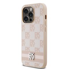 DKNY Leather Checkered Mono Pattern & Printed Stripes case for iPhone 14 Pro - pink-thumb-1