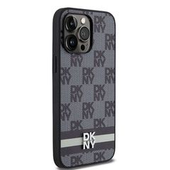 DKNY Leather Checkered Mono Pattern & Printed Stripes Case for iPhone 14 Pro Max - Black-thumb-3