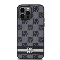 DKNY Leather Checkered Mono Pattern & Printed Stripes Case for iPhone 14 Pro Max - Black-thumb-2