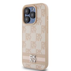 DKNY Leather Checkered Mono Pattern & Printed Stripes case for iPhone 15 Pro - pink-thumb-1
