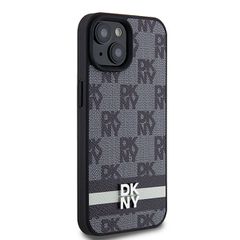 DKNY Leather Checkered Mono Pattern & Printed Stripes Case for iPhone 15 Plus / 14 Plus - Black-thumb-3