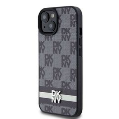 DKNY Leather Checkered Mono Pattern & Printed Stripes Case for iPhone 15 Plus / 14 Plus - Black-thumb-1