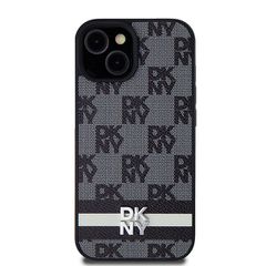 DKNY Leather Checkered Mono Pattern & Printed Stripes Case for iPhone 15 Plus / 14 Plus - Black-thumb-2