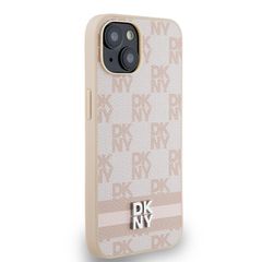 DKNY Leather Checkered Mono Pattern & Printed Stripes Case for iPhone 15 Plus / 14 Plus - Pink-thumb-3