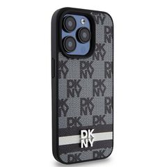 DKNY Leather Checkered Mono Pattern & Printed Stripes Case for iPhone 15 Pro Max - Black-thumb-3