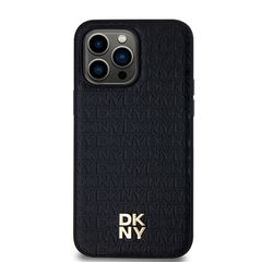 DKNY Leather Monogram Pattern Metal Logo MagSafe Case for iPhone 14 Pro Max - Black-thumb-2