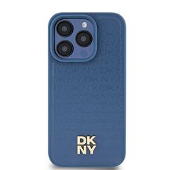 DKNY Leather Monogram Pattern Metal Logo MagSafe Case for iPhone 15 Pro - Blue-thumb-2