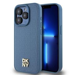 DKNY Leather Monogram Pattern Metal Logo MagSafe Case for iPhone 15 Pro - Blue-thumb-0