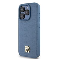 DKNY Leather Monogram Pattern Metal Logo MagSafe Case for iPhone 15 Pro - Blue-thumb-1