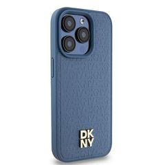 DKNY Leather Monogram Pattern Metal Logo MagSafe Case for iPhone 15 Pro - Blue-thumb-3