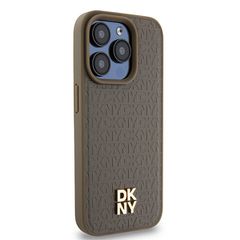 DKNY Leather Monogram Pattern Metal Logo MagSafe Case for iPhone 15 Pro - Brown-thumb-3