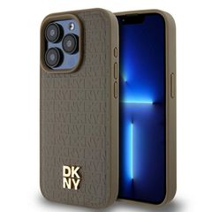 DKNY Leather Monogram Pattern Metal Logo MagSafe Case for iPhone 15 Pro - Brown-thumb-0