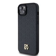 DKNY Leather Monogram Pattern Metal Logo MagSafe Case for iPhone 15 Plus / 14 Plus - Black-thumb-1