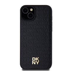 DKNY Leather Monogram Pattern Metal Logo MagSafe Case for iPhone 15 Plus / 14 Plus - Black-thumb-2