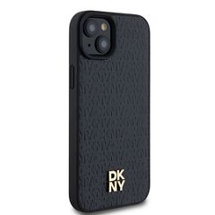 DKNY Leather Monogram Pattern Metal Logo MagSafe Case for iPhone 15 Plus / 14 Plus - Black-thumb-3