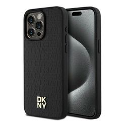 DKNY Leather Monogram Pattern Metal Logo MagSafe Case for iPhone 15 Pro Max - Black-thumb-0