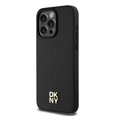 DKNY Leather Monogram Pattern Metal Logo MagSafe Case for iPhone 15 Pro Max - Black-thumb-1