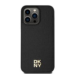 DKNY Leather Monogram Pattern Metal Logo MagSafe Case for iPhone 15 Pro Max - Black-thumb-2