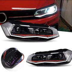 Μπροστινά Φανάρια Set Για Vw Polo AW 17+ DRL Led Tube GTI Look Μαύρα Με Κόκκινη Γραμμή Upgrade Full Led With Motor Carner