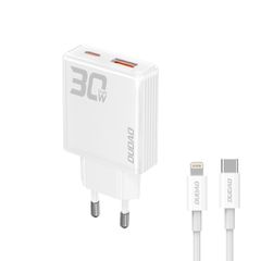GaN Dudao A30EUL 30W USB-A / USB-C Wall Charger + USB-C - Lightning Cable - White