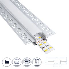 GloboStar® PLASTERBOARD-PROFILE 70819-1M Προφίλ Αλουμινίου - Βάση & Ψύκτρα Ταινίας LED με Λευκό Γαλακτερό Κάλυμμα - Χωνευτή Χρήση σε Γυψοσανίδα - Trimless - Πατητό Κάλυμμα - Ασημί - 1 Μέτρο - Μ100 x Π