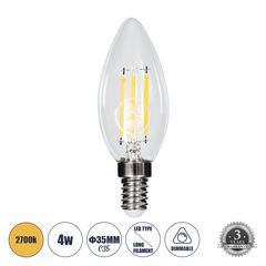 GloboStar® 99001 Λάμπα LED Long Filament E14 C35 Κεράκι 4W 400lm 360° AC 220-240V IP20 Φ3.5 x Υ10.5cm Θερμό Λευκό 2700K με Διάφανο Γυαλί Dimmable - 3 Χρόνια Εγγύηση