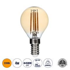 GloboStar® 99033 Λάμπα LED Long Filament E14 G45 Γλομπάκι 4W 350lm 360° AC 220-240V IP20 Φ4.5 x Υ7.5cm Ultra Θερμό Λευκό 2200K με Μελί Γυαλί - Dimmable - 3 Years Warranty