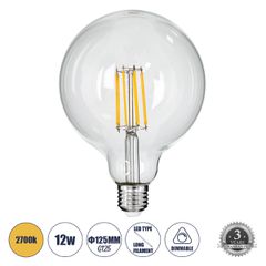 GLOBOSTAR® BUBBLE 99014 Λάμπα E27 G125 LED 12W 1200lm 360° AC 220-240V IP20 Θερμό Λευκό 2700K Dimmable - Long Filament Chip - Διάφανο - Μ12.5 x Π12.5 x Υ18cm - 3 Χρόνια Εγγύηση