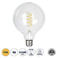 GLOBOSTAR® BUBBLE 99137 Λάμπα E27 G125 LED 4W 300lm 360° AC 220-240V IP20 Θερμό Λευκό 2700K Dimmable - Soft S Spiral Filament Chip - Διάφανο - Μ12.5 x Π12.5 x Υ18cm - 3 Χρόνια Εγγύηση
