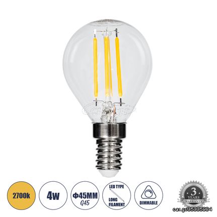 GloboStar® 99003 Λάμπα LED Long Filament E14 G45 Γλομπάκι 4W 400lm 360° AC 220-240V IP20 Φ4.5 x Υ7.5cm Θερμό Λευκό 2700K με Διάφανο Γυαλί Dimmable - 3 Χρόνια Εγγύηση