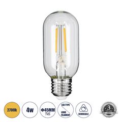 GloboStar® 99018 Λάμπα LED Long Filament E27 T45 Σωλήνας 4W 400lm 360° AC 220-240V IP20 Φ4.5 x Υ11cm Θερμό Λευκό 2700K με Διάφανο Γυαλί - Dimmable - 3 Years Warranty