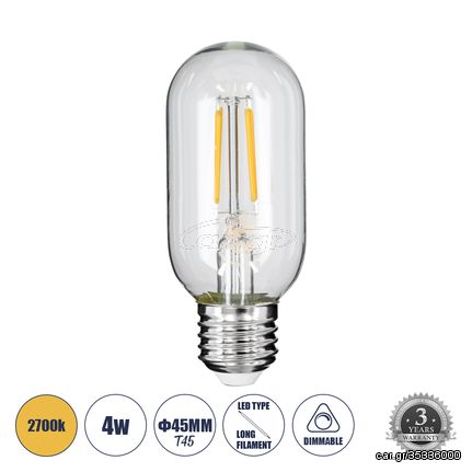 GloboStar® 99018 Λάμπα LED Long Filament E27 T45 Σωλήνας 4W 400lm 360° AC 220-240V IP20 Φ4.5 x Υ11cm Θερμό Λευκό 2700K με Διάφανο Γυαλί - Dimmable - 3 Years Warranty