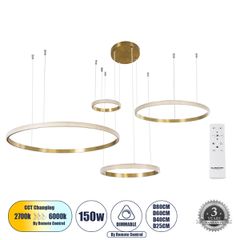 Κρεμαστό Φωτιστικό Δαχτυλίδι-Κύκλος LED DIAMOND TETRA CCT 150W 18379lm 360° AC 220-240V - Εναλλαγή Φωτισμού μέσω Τηλεχειριστηρίου All In One - Χρυσό Βούρτσας