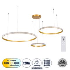 Κρεμαστό Φωτιστικό Δαχτυλίδι-Κύκλος LED DIAMOND TRIO CCT 120W 14723lm 360° AC 220-240V - Εναλλαγή Φωτισμού μέσω Τηλεχειριστηρίου All In One- Χρυσό Βούρτσας