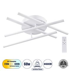 Μοντέρνο Φωτιστικό Οροφής CORA LED 60W 7380lm 120° AC 220-240V IP20 Ρυθμιζόμενο Λευκό CCT με Χειριστήριο ,SMD Chip - Λευκό Ματ - Μ60 x Π60 x Υ11cm -