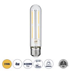 GloboStar® 99019 Λάμπα LED Long Filament E27 T30 Σωλήνας 4W 400lm 360° AC 220-240V IP20 Φ3 x Υ13.5cm Θερμό Λευκό 2700K με Διάφανο Γυαλί - Dimmable - 3 Years Warranty