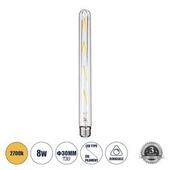 GloboStar® 99020 Λάμπα LED Long Filament E27 T30 Σωλήνας 8W 800lm 360° AC 220-240V IP20 Φ3 x Υ30cm Θερμό Λευκό 2700K με Διάφανο Γυαλί - Dimmable - 3 Years Warranty