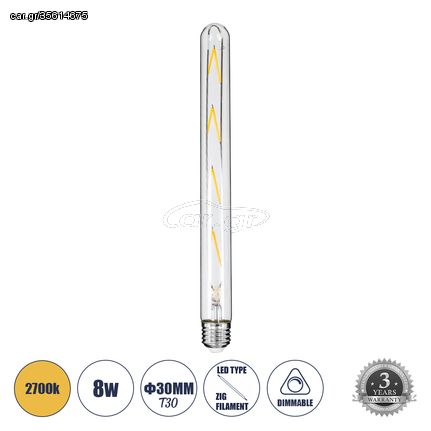 GloboStar® 99020 Λάμπα LED Long Filament E27 T30 Σωλήνας 8W 800lm 360° AC 220-240V IP20 Φ3 x Υ30cm Θερμό Λευκό 2700K με Διάφανο Γυαλί - Dimmable - 3 Years Warranty