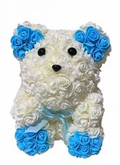 Αρκουδάκι Από Τεχνητά Τριαντάφυλλα Rose Bear Λευκό με Μπλε 30cm ΔΩΡΟ Σοκολάτα Lacta-thumb-4
