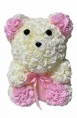 Αρκουδάκι Από Τεχνητά Τριαντάφυλλα Rose Bear Λευκό με Ροζ 30cm ΔΩΡΟ Σοκολάτα Lacta