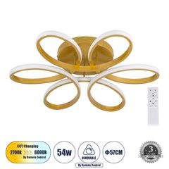 Φωτιστικό Οροφής Design LED MARGARET CCT 54W 6210lm 360° AC 220-240V - Εναλλαγή Φωτισμού μέσω Τηλεχειριστηρίου All In One Ψυχρό - Χρυσό Βούρτσας