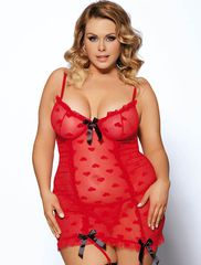 Plus Size Heart Jacquard Red Halter Mesh Garter Lingerie