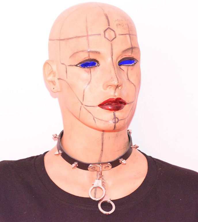 1 ROW SMALL SPIKE AND HANDCUFF LEATHER NECKBAND / LEATHER CHOCKER - BLACK