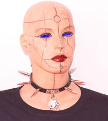 1 ROW LARGE SPIKE AND PADLOCK LEATHER CHOCKER - Black