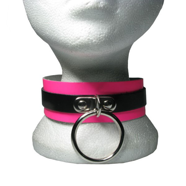 HANDMADE LEATHER COLLAR WITH MEDIUM RING- PINK